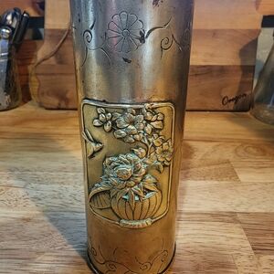 Antique Brass Bud Vase Etched & Hammered Bird & Flowers Trench Art Style